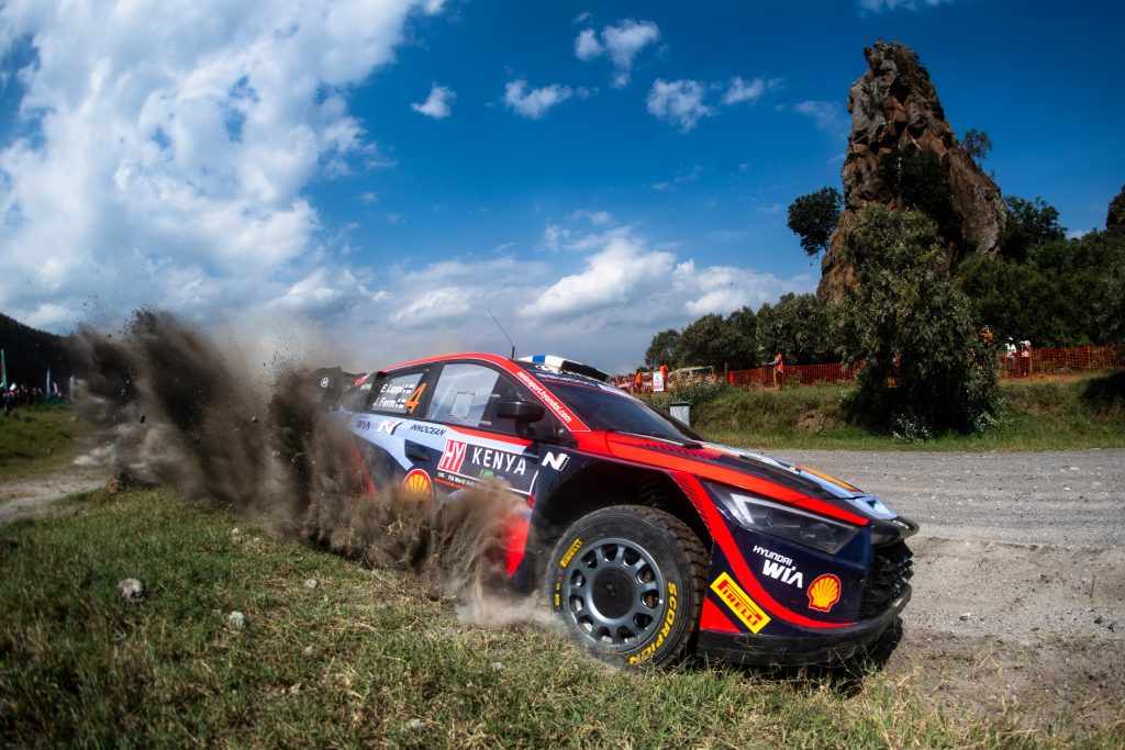 Esapekka Lappi is seen racing a stage on the fourth and final day of Safari Rally Kenya