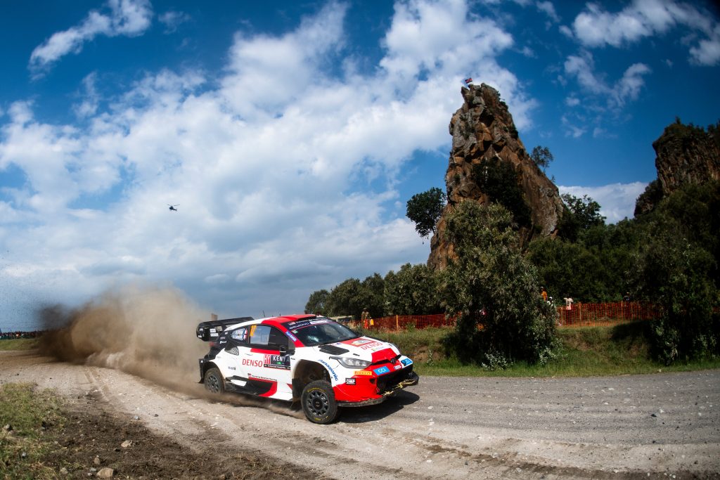 Safari Rally Kenya winner Sebastien Ogier is seen racing a stage on the final day of the event.