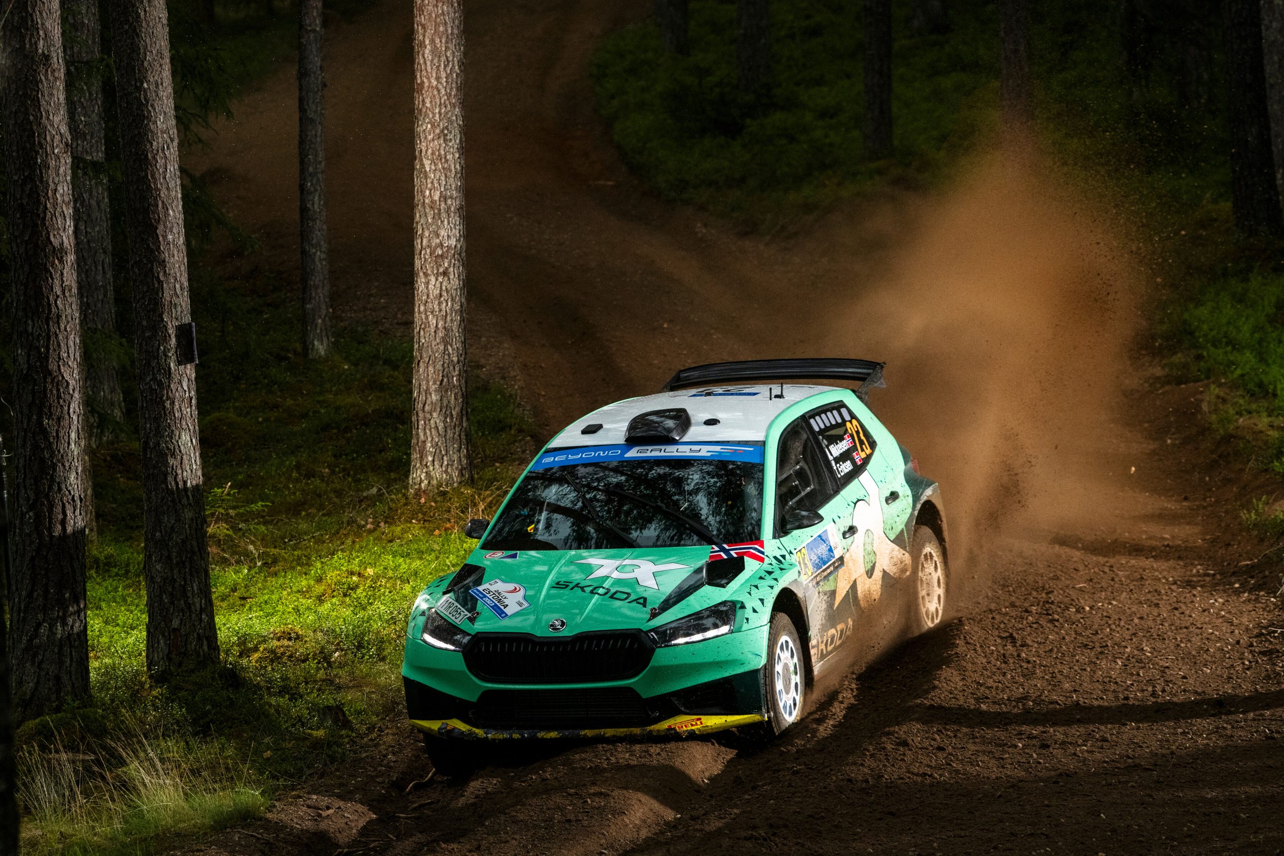 Andreas Mikkelsen is seen competing during day two of Rally Estonia