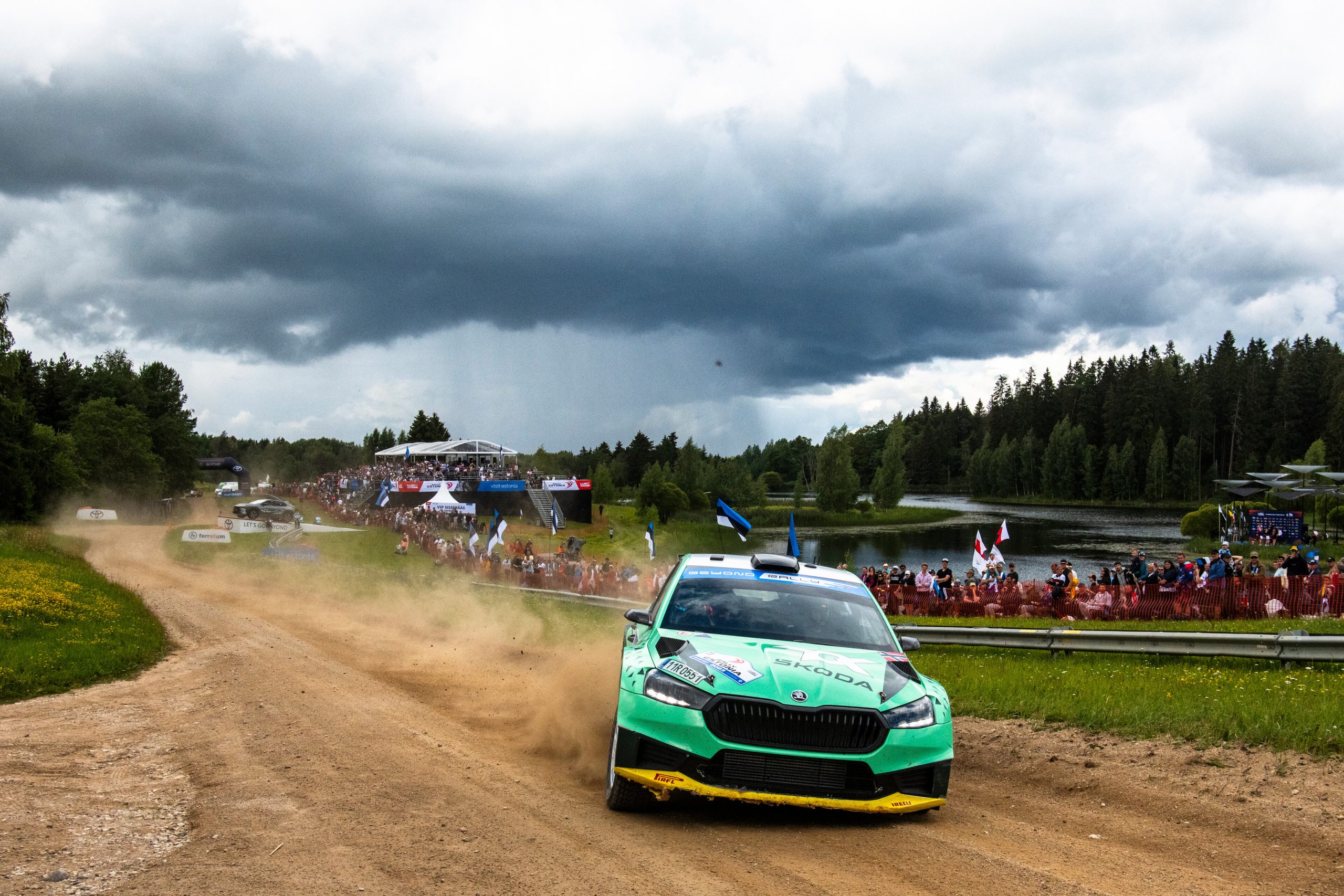 Andreas Mikkelsen is seen competing on the fourth and final day of Rally Estonia