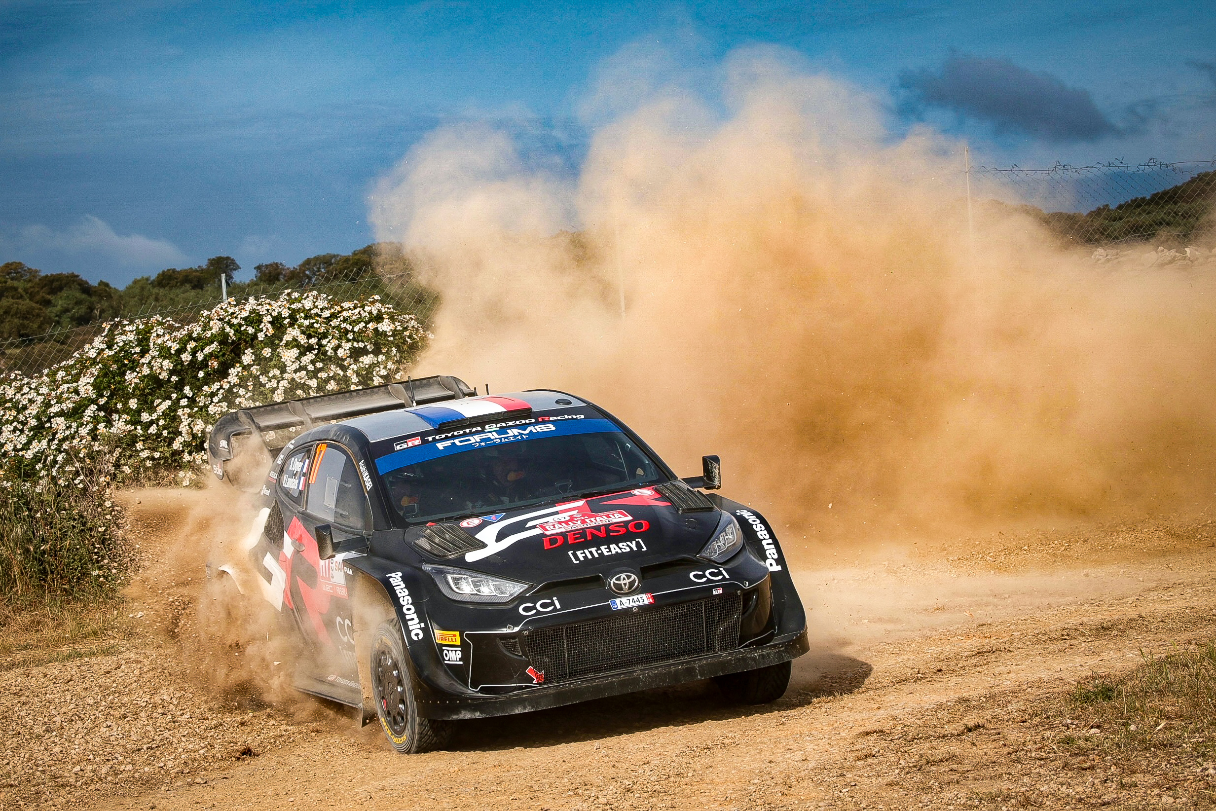 Sebastien Ogier is seen competing on the first day of Rally Italia Sardegna 2024